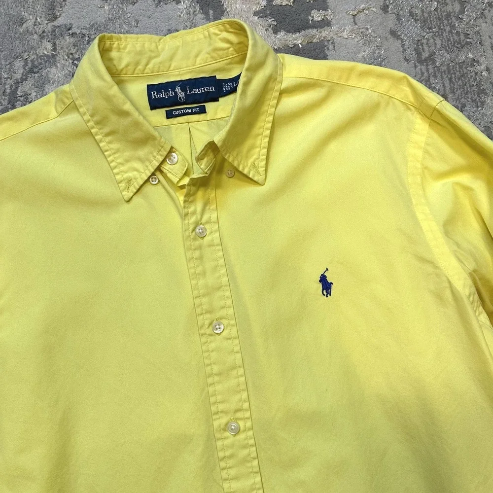 Ralph Lauren Dress‎ Shirt Mens Large Yellow Custom Fit Button Down Blue Pony